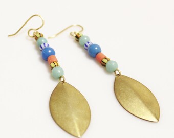 Long Leaf Earrings, African Bead Earrings, Trade Bead Jewelry, Colorful Earrings, Gifts Under 30