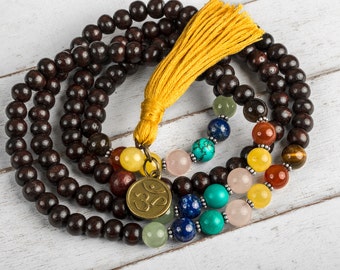 Rosewood Chakra Mala Necklace, Japa Mala, Wood Mala, Yoga Mala, Buddhist Mala, 108 Prayer Beads, OM Mala