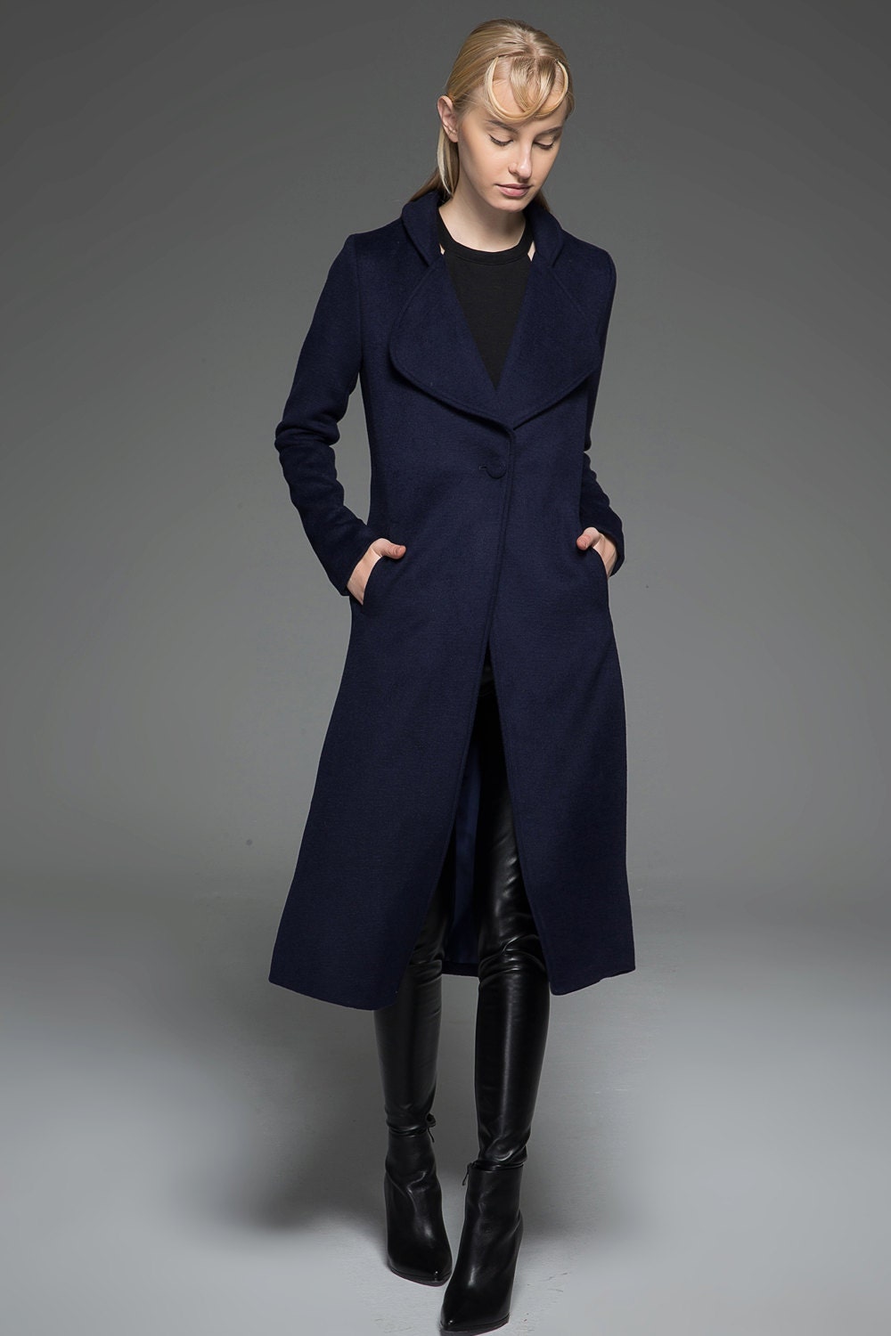 Womens coats navy blue coat elegant coat wool coat winter