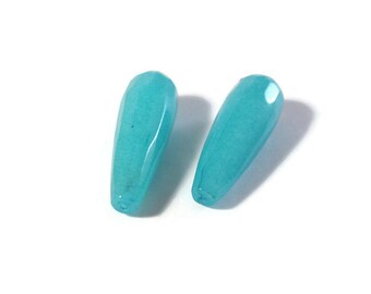 Aqua Quartzite Beads, 2 Matching Dyed Jade Drops, Long Drilled Gemstones, 30mm x 10mm Teardrops for Making Jewelry, Bright Gemstone (Pt-Ja3)