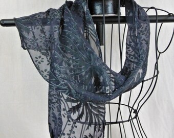 Hand painted Black devore satin silk scarf gorgeous light and breezy black silk scarf or Choose your color