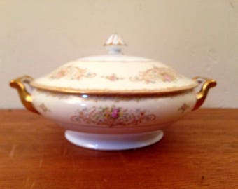 NORITAKE China 8" Covered Serving Dish w/ Handles JAPAN Pink Rose Gold Trim Vintage