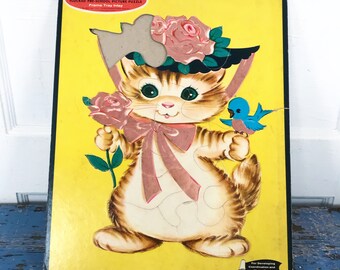 Vintage Whitman Fuzzy Wuzzy Puzzle Cat Blue Bird