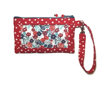 Womens Phone Wallet, Cell Phone Bag, iPhone 5 Wristlet, iPhone Floral Wallet, Smart Phone Purse, Coin Pocket, Red Polka Dots, Text and Tote®