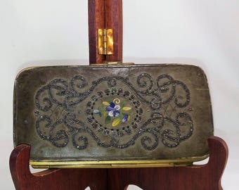 Victorian, Silver Beaded, 1875, PocketBook, Hand Embroidery, Leather, Silk, Ladies Wallet, Ladies Pocket Book, Antique ladies Wallet, Purse