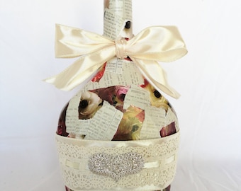 Roses and Heart Decoupaged Vintage Bottle