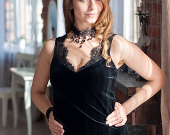 Tango Velvet Black Dress with lace Milonga clothes