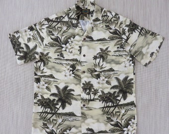 Hawaiian Shirt Men HAWAIIAN RESERVE COLLECTION Sepia Toned Tropical Island Print Surfer Aloha Shirt 100% Rayon - L - Oahu Lew's Shirt Shack