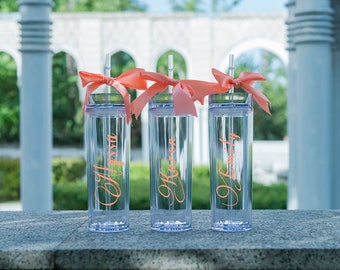Personalized Tumbler Wedding Favors Bridesmaid Tumbler Bridal Party Gifts Bachelorette Party Skinny Tumbler with Straw and Lid Bride Team
