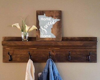 Entryway Wooden Coat Rack with Shelf, Storage, Mudroom, Bathroom Towel Hooks, Wall Hanging Coat Hooks, Rustic, Modern, Farmhouse, Cottage