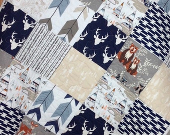 Rustic Nursery, Woodland Baby Quilt, Deer, Arrows, Bears, Rustic Baby Quilt, Gender Neutral, Woodland Crib Bedding, Grey-Rust Quilt, Q 6