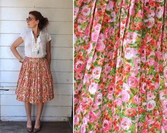 SALE Vintage Full Skirt - Floral Skirt - Pleated Skirt - 50s Skirt - Flowers Skirt - Fitted Waist Skirt - Summer Boho Mid Century size XS S