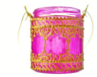 Hanging Candle Holder Inspired by Moroccan Lanterns, Bright Pink Tinted Glass With Golden Accents