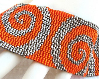 Mirrored Orange Swirls on Steel Peyote Cuff / Peyote Bracelet (2360) - A Sand Fibers Made-to-Order Creation