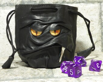 Dice Bag Marble Bag Fairy Pouch With Monster Face RPG Drawstring Bag Rune Bag Magic The Gathering Gamer Gift Black Leather 42