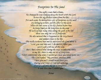 The Footprints in the Sand poem - Christian Poem - Inspirational Print - Ready to Frame Wall Plaque Gift idea Ocean Beach Scene