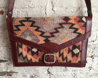 Turkish wool kilim and leather crossbody purse bag