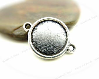 10 Cabochon Connector Settings Antique Silver Tone - Fits 16mm Cab, Round Bezel Trays, Cameo Base, Pendant Blank, 2 Loops - BH20