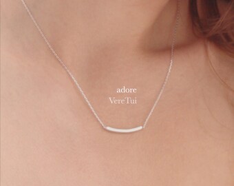 Thin Simple Brushed Silver Curved Slim Bar Necklace