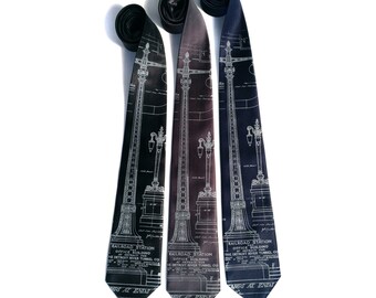 Detroit Train Station Ironwork Detail Necktie. Michigan Central Station tie. Men's printed tie. Silkscreened blueprint, pale gray print.