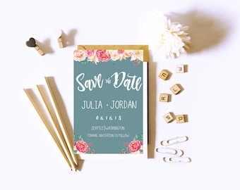 Blush and indigo Floral Save The Date.