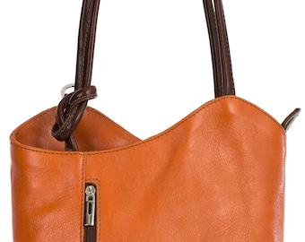 LiaTalia Womens Soft Lush Italian Leather Piping Detail Shoulder Backpack Bag - Libby (Orange with Brown Trim)