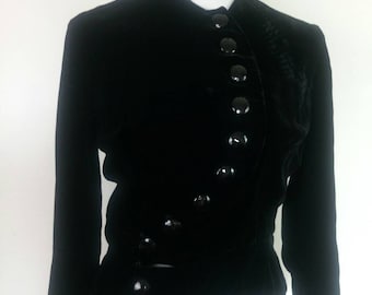 Vintage 1950s jacket/jet black velvet/ nipped waist 50s jacket with curving asymmetric button closure