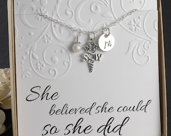 Social Worker Necklace, social work professional, SW gift - Sterling Silver Initial Charm, Pearl or Birthstone