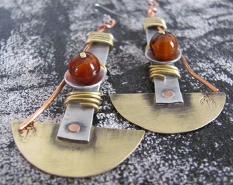 Mixed Metal Earrings, Brass Earrings, Metalwork Earrings, Hammered Earrings, Modern Earrings, Geometric Earrings, Rustic Metal Earrings
