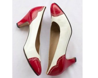 Ferragamo red and white leather spectator pumps