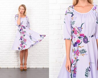 Vintage 70s Boho dress Purple Floral Leaf Print Cutout Shoulder XS 10381
