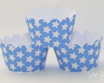 MINI Blue and White Stars Cupcake Wrappers - Mini Cupcake Wraps Set of 24