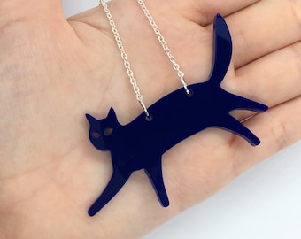 Navy Blue Laser Cut Acrylic Cat Necklace 20" Silver Chain