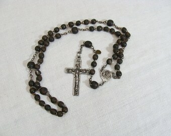 Vintage Dark Brown Wooden Bead Rosary - France