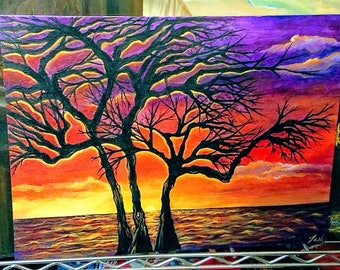 Sunset between the trees - Acrylic painting