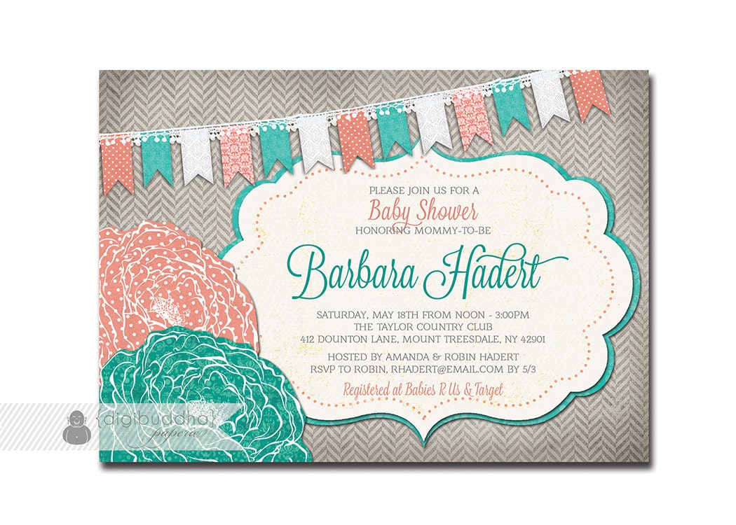 BABY SHOWER INVITATION Coral Turquoise Teal Aqua Gray Flower