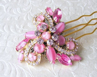 Rhinestone Hair Comb Pink Yarrow Vintage Jewelry Headpiece Jeweled Wedding Hairpiece Ballroom Costume Pageant Accessory Downton Gatsby Bride