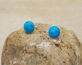 Turquoise stud earrings. 925 sterling silver. Reiki jewelry uk. December Birthstone. 8mm Round Post earrings