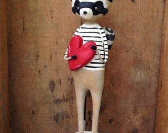 Heart Bandit, Large, Raccoon, Heart, Love, Spring, Folk Art, Paperclay