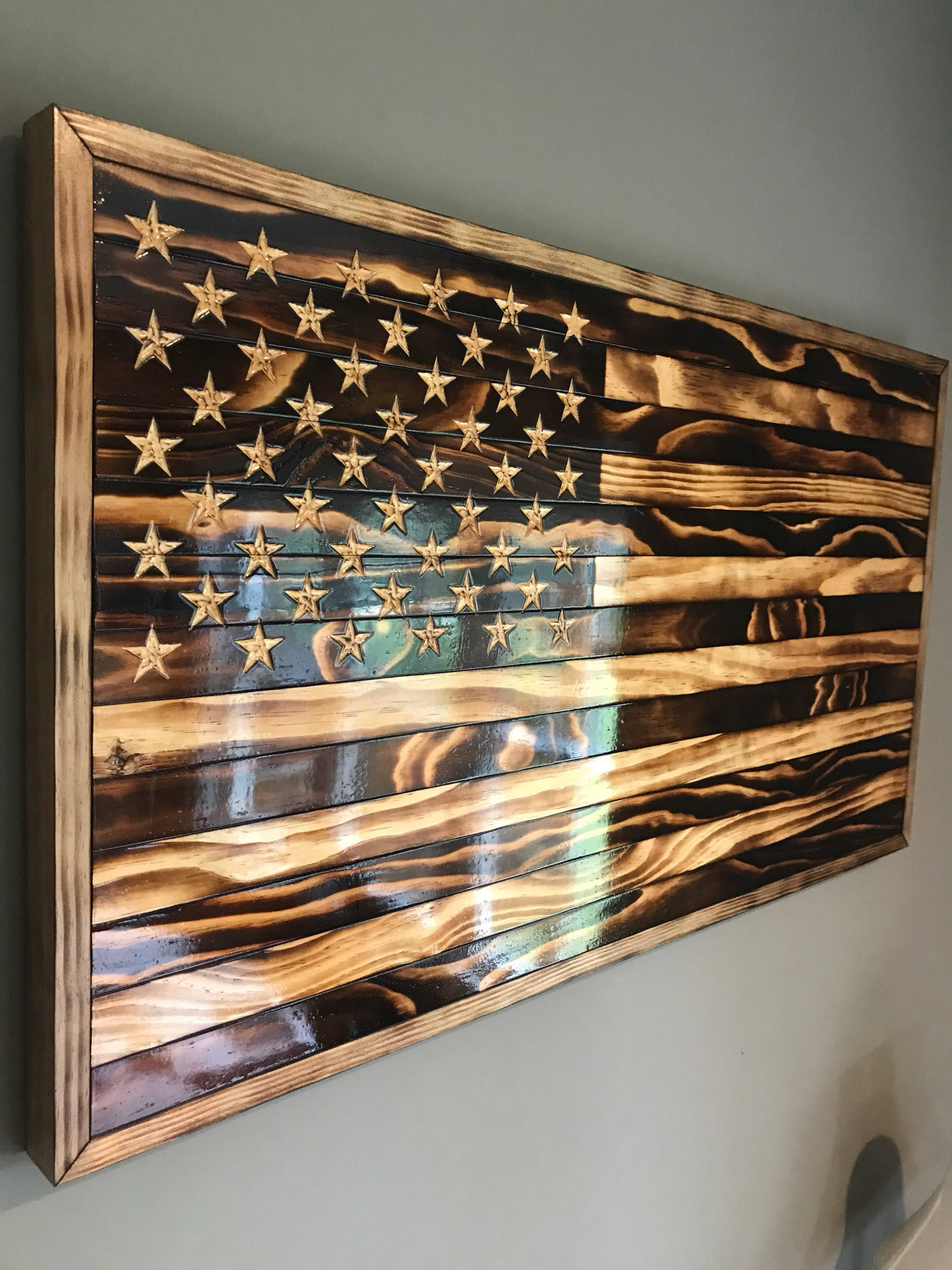 Large Handmade Burned Wood American Flag