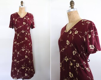 Vintage 1990's Brown Floral V-Neck Midi Dress