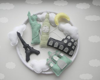 Baby Crib mobile Travel the world crib mobile World landmarks baby mobile Statue of Liberty Eiffel Tower Big Ben Roman Colosseum Palace