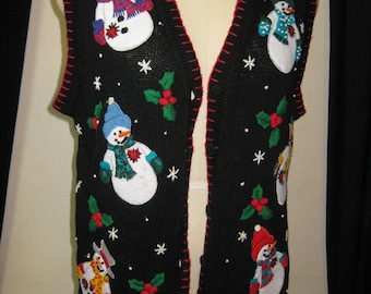 Ugly Christmas (med) vest, black, sweater vest, Victoria Jones, snowmen, embroidered, vintage, button front, ugly snowmen, EN59