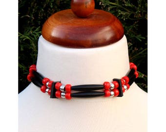 Native American style bone hair pipe choker, red and black necklace, Navajo Indian inspired boho necklace, black horn 2 row beaded choker