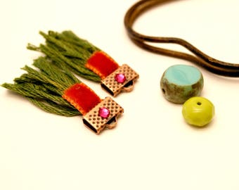 2 Khaki, green, Orange Pompom tassel Pompom tassels is handmade, copper, Tassel charm