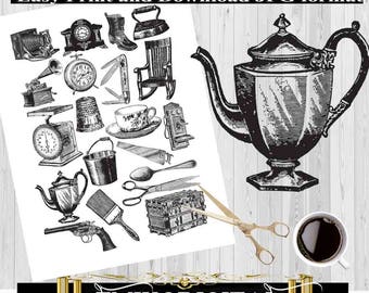 The Antique Digital collage sheet,Vintage Objects,Vintage illustration designs,image transfer,scrapbook collage digital download