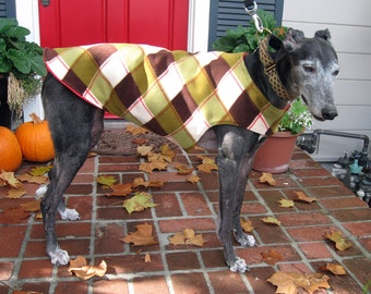 Greyhound Dog Coat, XL Dog Jacket, Red, Green, Olive, Brown, and Ivory Plaid Fleece with Red Fleece Lining
