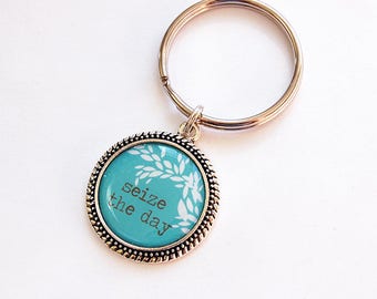 Seize the Day Key Ring, Turquoise and White, Keyring, key chain, stocking stuffer, gift for mom, gift for her, gift for him, under 10 (7654)