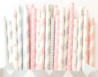 Pink and silver paper straws, set of 25, baby showers, weddings, pink and silver straws, pink heart straws, pink elephant party