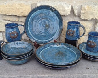 Dragonfly Pottery Dinnerware, Stoneware, Wheel Thrown Place Setting for Four